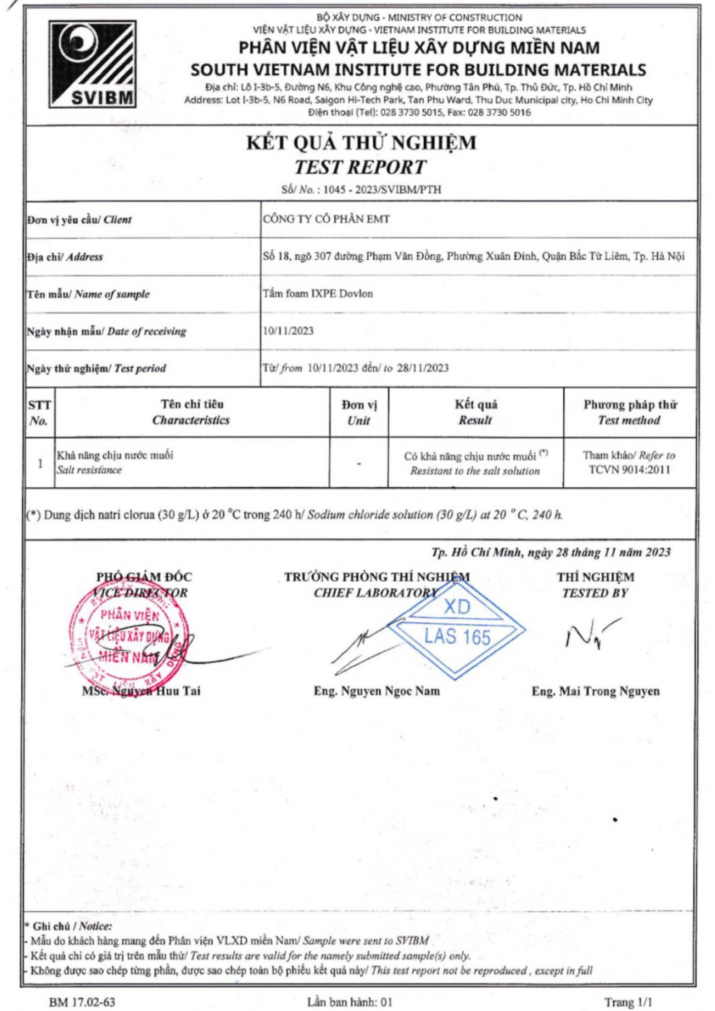 Báo cáo thử nghiệm chống chịu thời tiết và ăn mòn nước muối